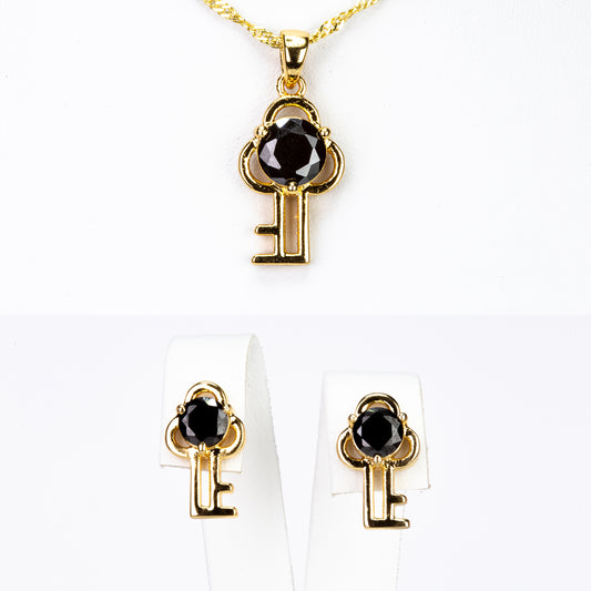 Conjunto de Liga de Ouro com Cristal Emporia® Preto ( Colar+Brincos+Pendente )