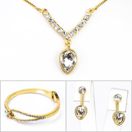 Conjunto de Liga de Ouro com Cristal Emporia® Branco ( Colar+Brincos+Pulseira+Pendente )