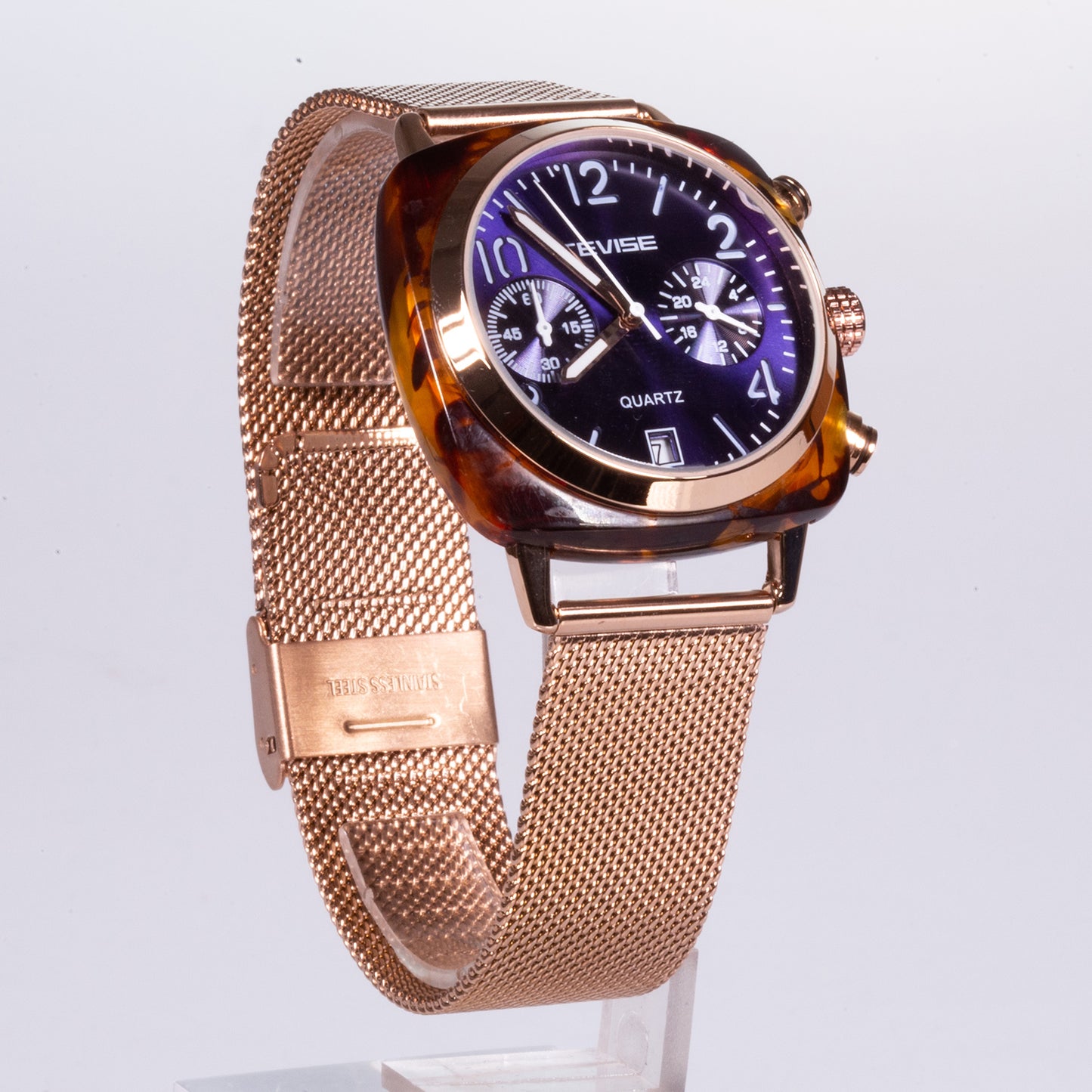 Relógio em Aço Inoxidável com Esfera Azul, Caixa e Bracelete Douradas