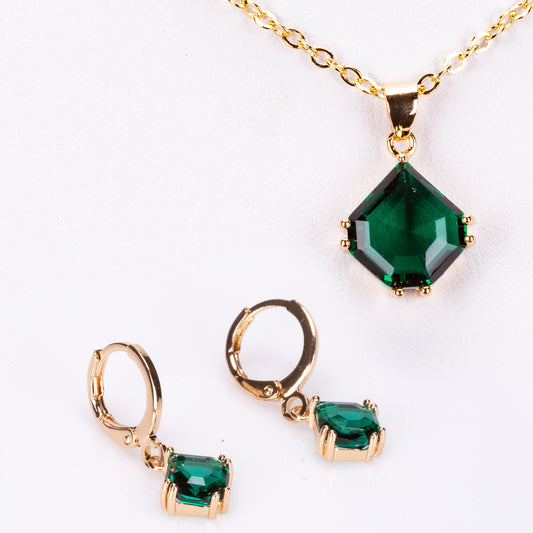 Conjunto de Liga de Ouro com Cristal Emporia® Verde ( Colar+Brincos+Pendente )