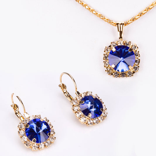 Conjunto de Liga de Ouro com Cristal Emporia® Azul ( Colar+Brincos+Pendente )