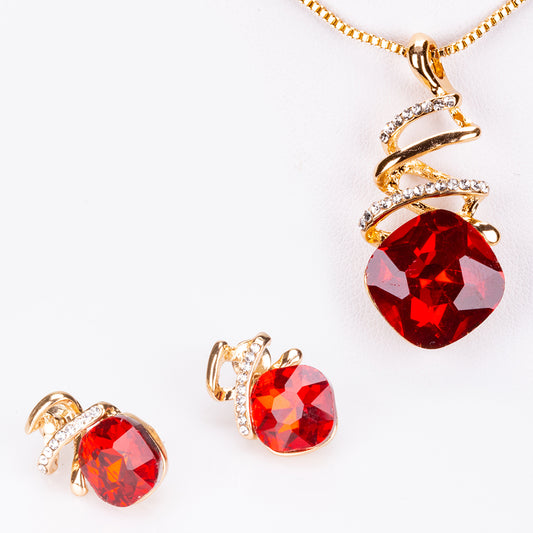 Conjunto de Liga de Ouro com Cristal Emporia® Vermelho ( Colar+Brincos+Pendente )