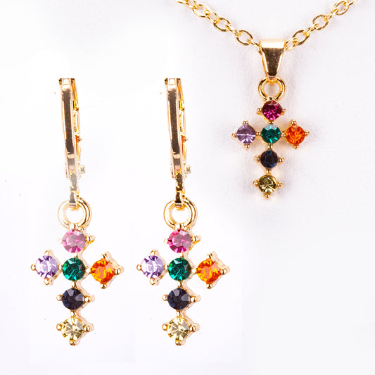 Conjunto de Liga de Ouro com Cristal Emporia® Amarelo e Cristal Emporia® Azul ( Colar+Brincos+Pendente )