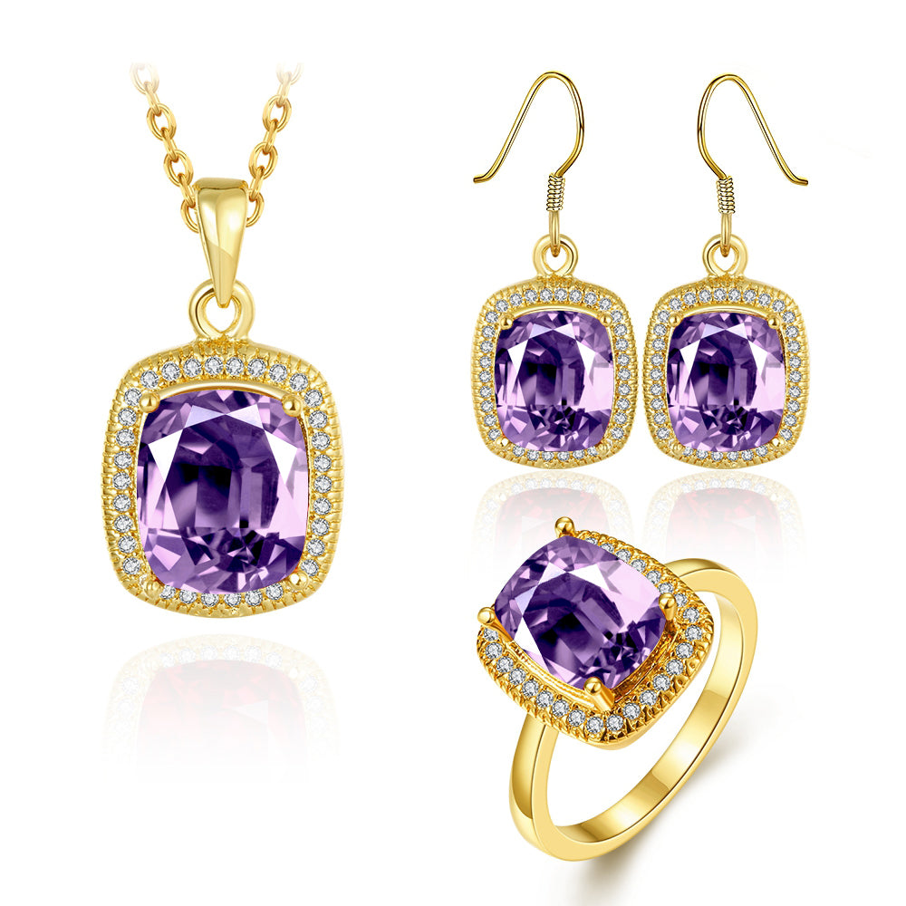 Conjunto de Liga de Ouro com Cristal Emporia® Roxo ( Colar+Brincos+Anel ) 1 