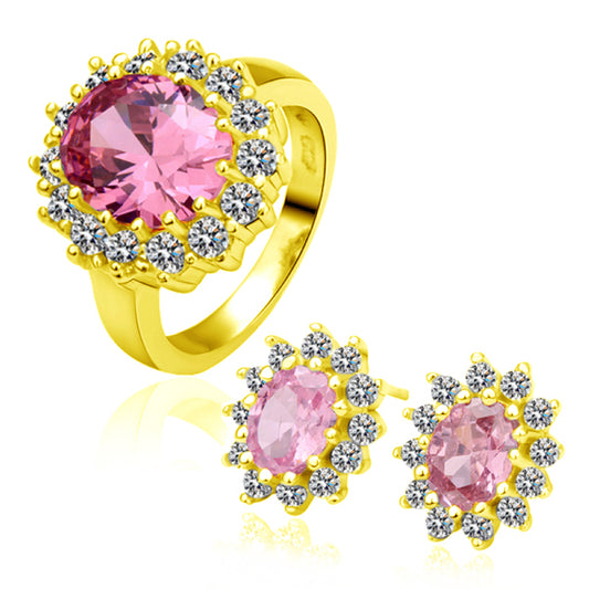 Conjunto de Liga de Ouro com Cristal Emporia® Rosa ( Brincos+Anel )