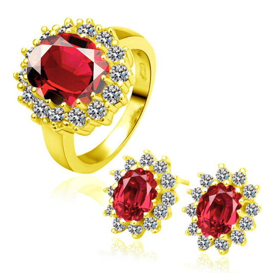 Conjunto de Liga de Ouro com Cristal Emporia® Vermelho ( Brincos+Anel )