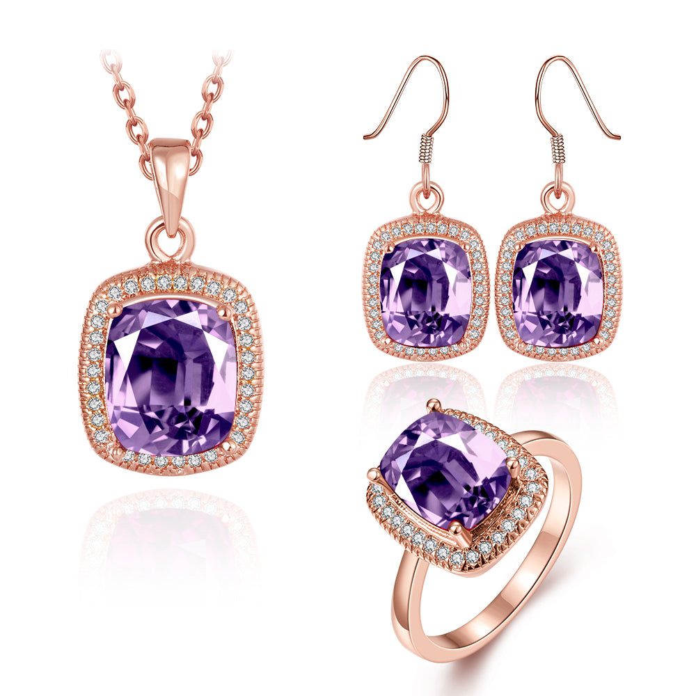 Conjunto de Liga de Ouro com Cristal Emporia® Roxo ( Colar+Brincos+Anel ) 1 