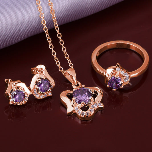 Conjunto de Liga de Ouro com Cristal Emporia® Roxo ( Colar+Brincos+Anel )