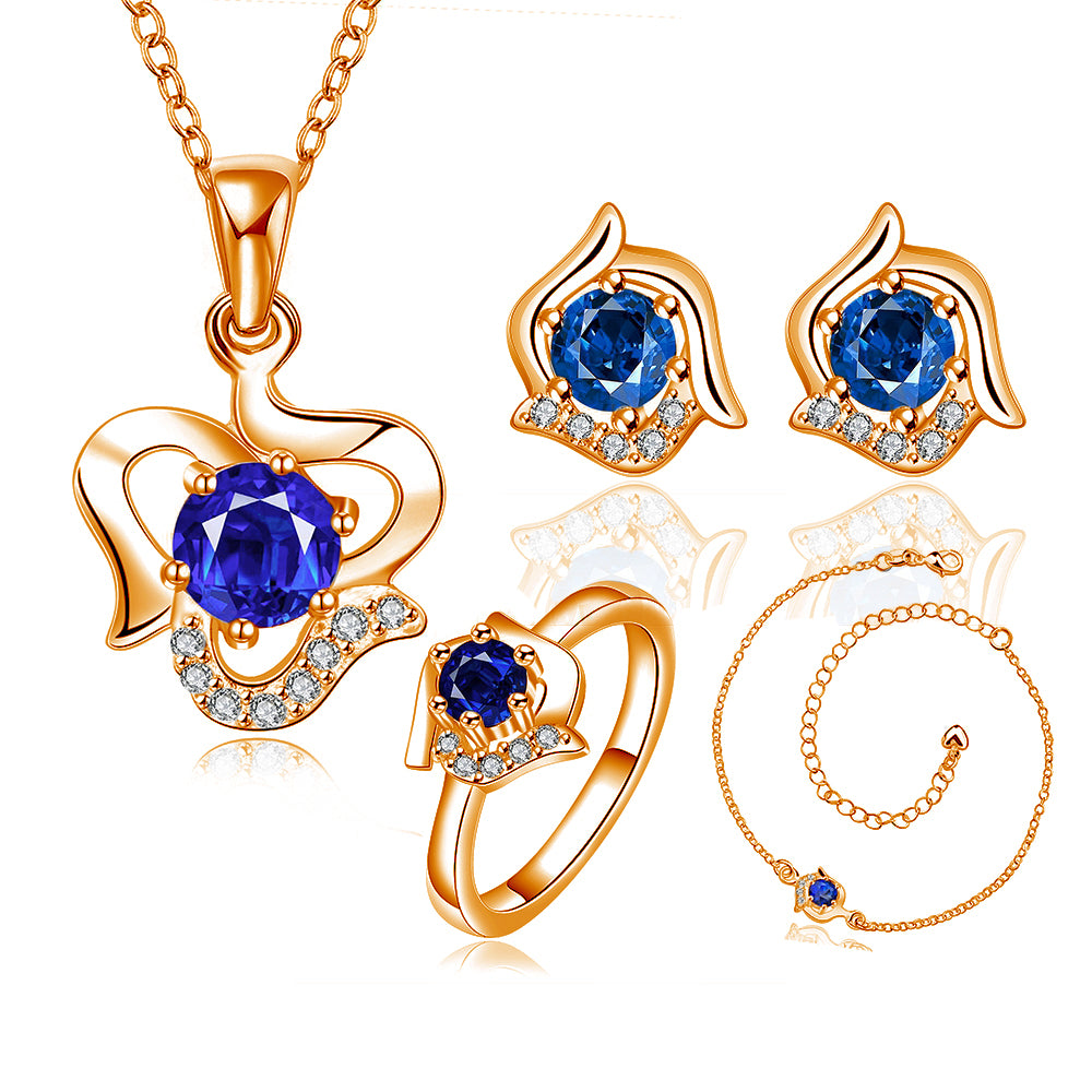 Conjunto de Liga de Ouro com Cristal Emporia® Azul ( Colar+Brincos+Pulseira+Anel )