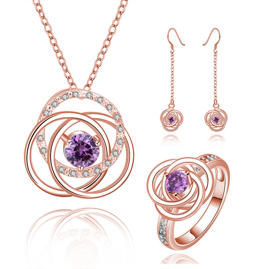 Conjunto de Liga de Ouro com Cristal Emporia® Roxo ( Colar+Brincos+Anel )