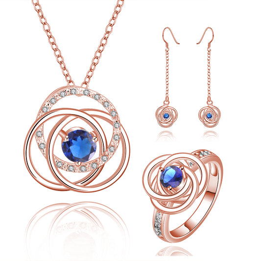 Conjunto de Liga de Ouro com Cristal Emporia® Azul ( Colar+Brincos+Anel )