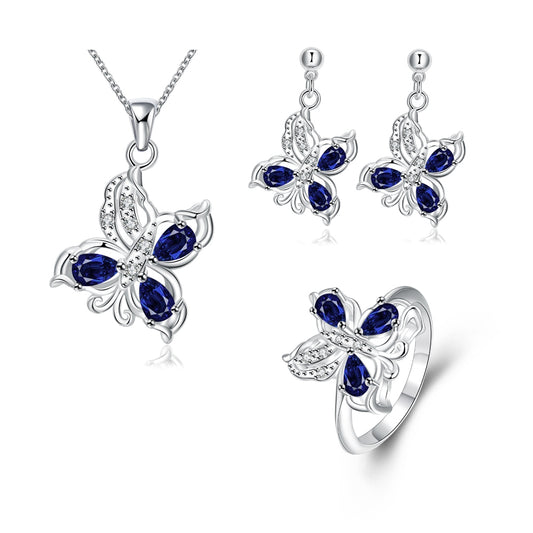 Conjunto de Liga de Ouro com Cristal Emporia® Azul ( Colar+Brincos+Anel )