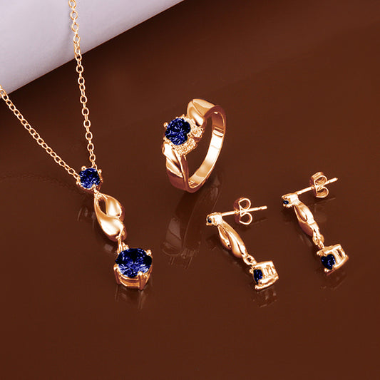 Conjunto de Liga de Ouro com Cristal Emporia® Azul ( Colar+Brincos+Anel )