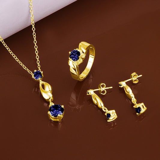 Conjunto de Liga de Ouro com Cristal Emporia® Azul ( Colar+Brincos+Anel )