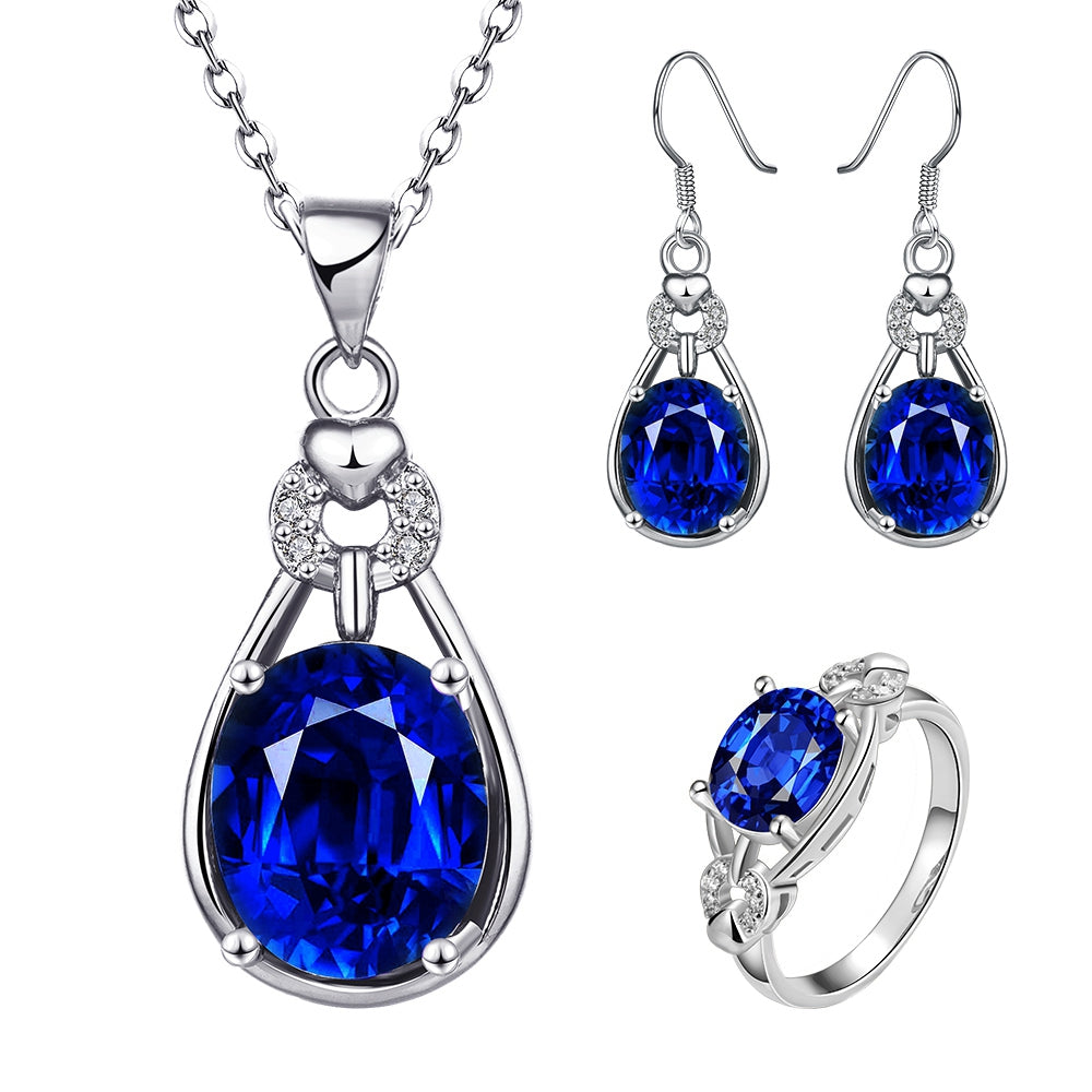 Conjunto de Liga de Ouro com Cristal Emporia® Azul ( Colar+Brincos+Anel ) 1 