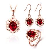 Conjunto de Liga de Ouro com Cristal Emporia® Vermelho ( Colar+Brincos+Anel ) 1 