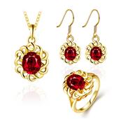 Conjunto de Liga de Ouro com Cristal Emporia® Vermelho ( Colar+Brincos+Anel )