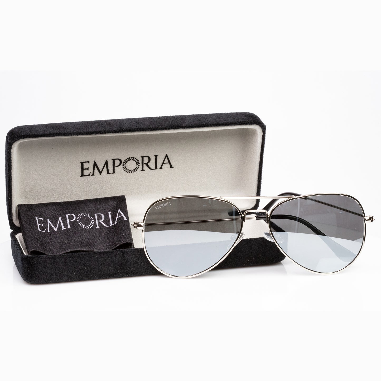 Emporia Italy - Série Aviator "CRISTAL", óculos de sol com filtro UV polarizados com etojo rígido e pano limpeza, lentes de proteção solar de cor preto, armação prateada