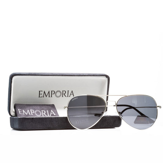 Emporia Itália - Óculos de sol Aviator "CHIEF", óculos de sol com filtro UV polarizados com estojo rígido e pano de limpeza, lentes cinzentas escuras, armação prateada