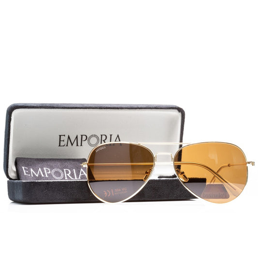 Emporia Itália -  Série Aviator "DESERTO", óculos de sol com filtro UV polarizados com estojo rígido e pano de limpeza, lentes de proteção solar de cor castanha clara, armação dourada