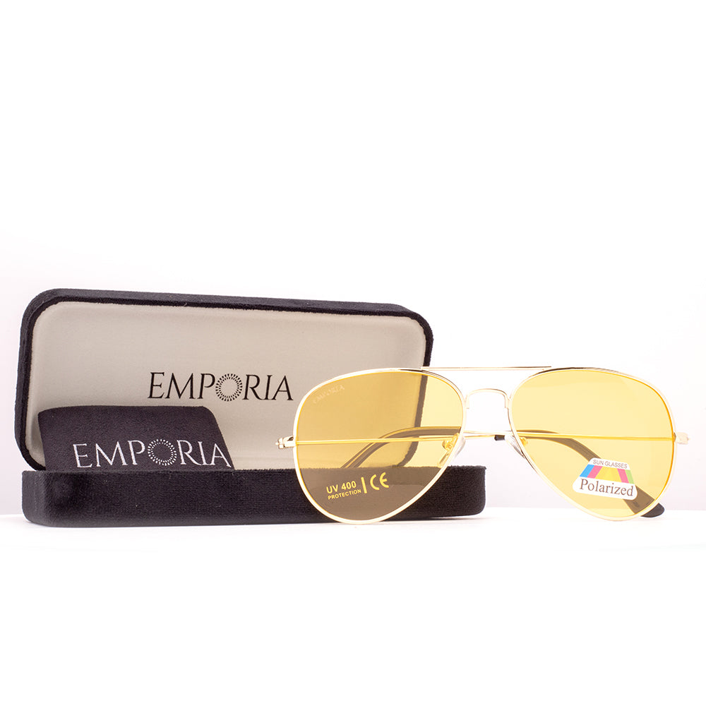 Emporia Itália - Série Aviator "HOLLYWOOD", óculos de sol com filtro UV polarizados com estojo rígido e pano de limpeza,  lentes de proteção solar de cor amarela, armação dourada
