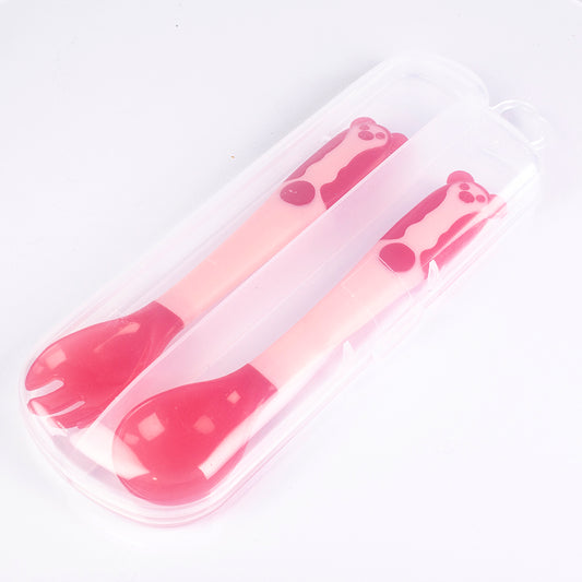Conjunto de garfo e colher para bebé com sensor de calor, dobrável, sem BPA, cor: rosa