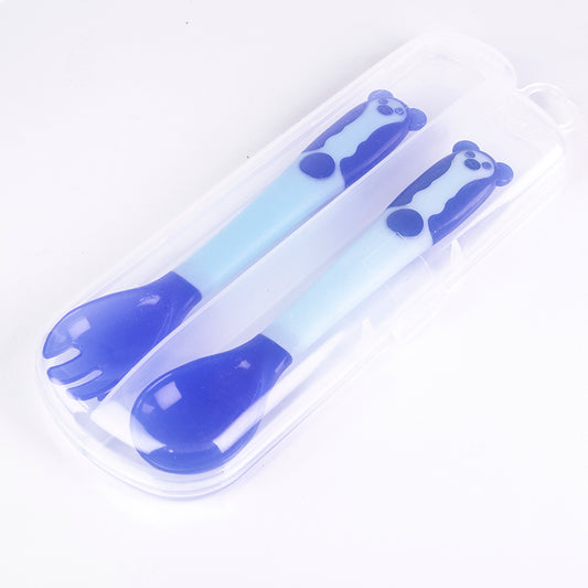 Conjunto de garfo e colher para bebé, sensível ao calor, dobrável, sem BPA, cor: azul