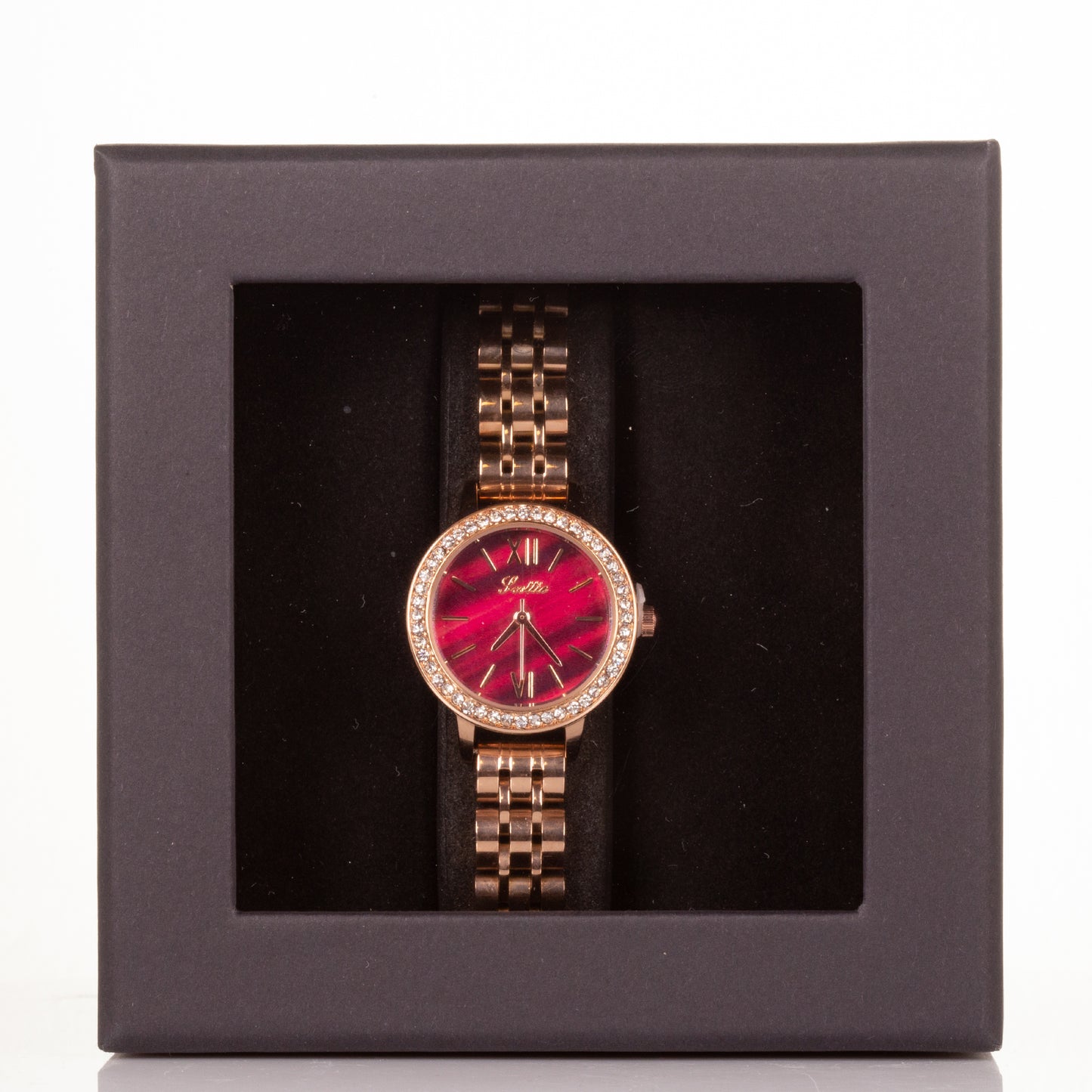 Relógio de liga leve Miyota Movement de alta qualidade com caixa de oferta, mostrador cor vermelho-rubi
