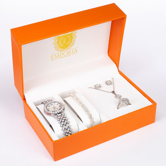 Conjunto de jóias Emporia de 6 peças, de qualidade superior, com relógio, pulseira, corrente, pendente, brincos e anel, numa caixa de oferta exclusiva com efeito de