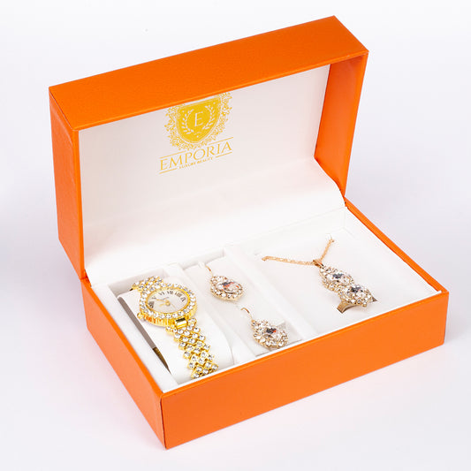 Conjunto de jóias Emporia de 5 peças de qualidade superior, com relógio, corrente, pendente, brincos e anel, numa caixa de oferta exclusiva com efeito de pele