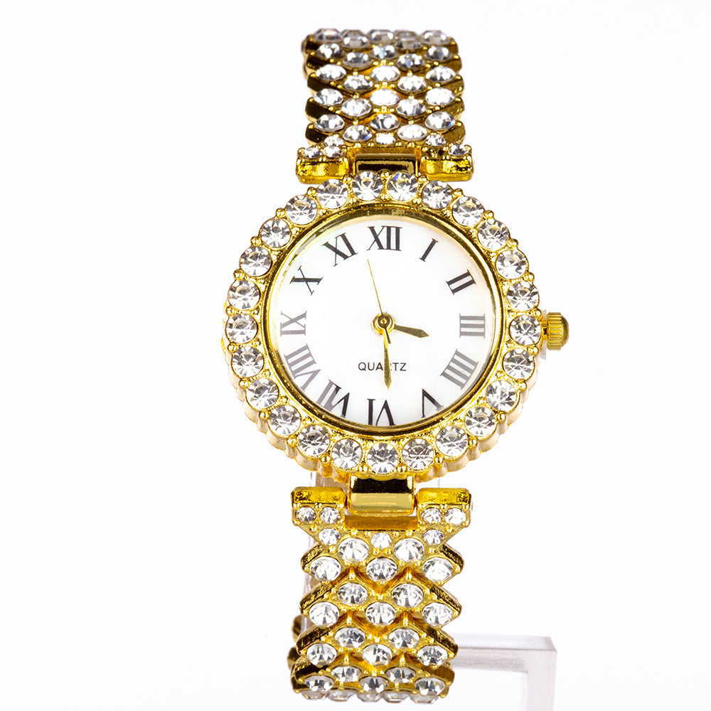 Relógio de Liga de Ouro com Cristal Emporia® Branco (Colar+Brincos+Pulseira+Pendente)