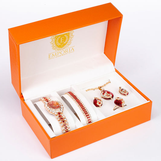 Conjunto de jóias Emporia de 6 peças, de qualidade superior, com relógio, pulseira, corrente, pendente, brincos e anel, numa caixa de oferta exclusiva com efeito de pele