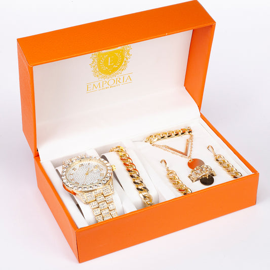 Conjunto de jóias Emporia de 5 peças, de qualidade superior, com relógio, colar, pulseira, brincos e anel, numa caixa de oferta exclusiva com efeito de pele