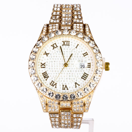 Relógio de Liga de Ouro com Cristal Emporia® Branco (Colar+Brincos+Pulseira+Pendente)