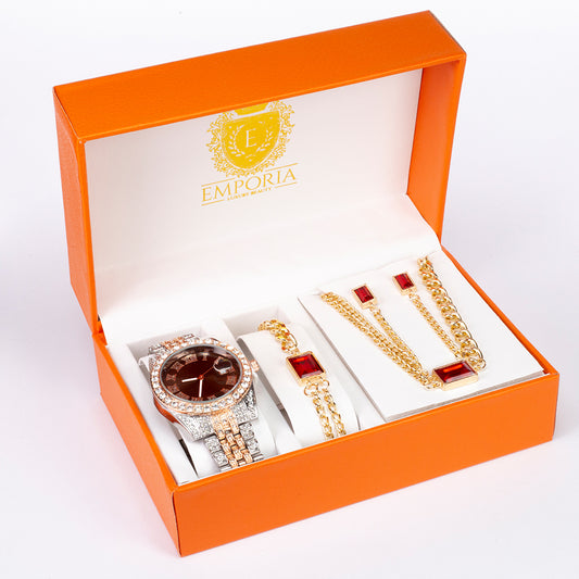 Conjunto de jóias Emporia de 4 peças, de qualidade superior, com relógio, colar, pulseira e brincos, numa caixa de oferta exclusiva com efeito de pele
