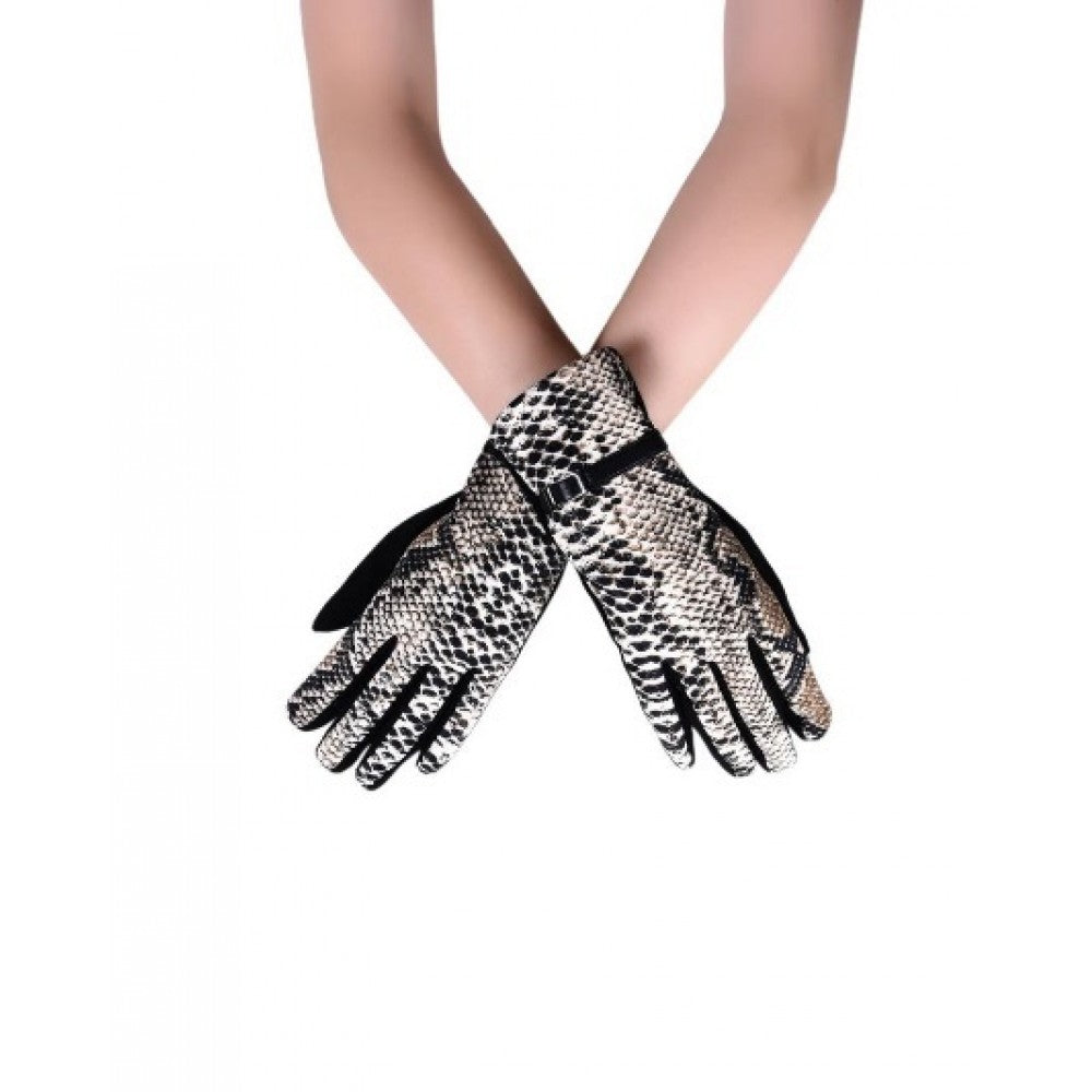 Snakeskin Print & Buckle Touch-Screen Gloves, black, 50% cotton, 50% polyester, uni size