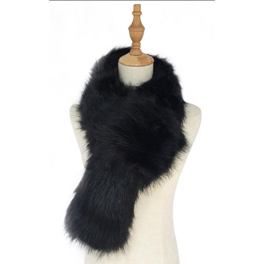 Plain Faux Fur Pull Through Scarf, black, 100% viscose, 13,5 x 125 cm