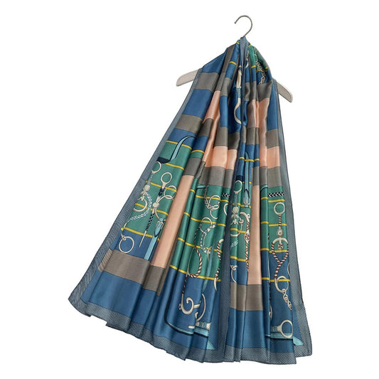 Cachecol Estampa de bloco de corrente e fivela da moda azul 100% Seda, 90x180 cm