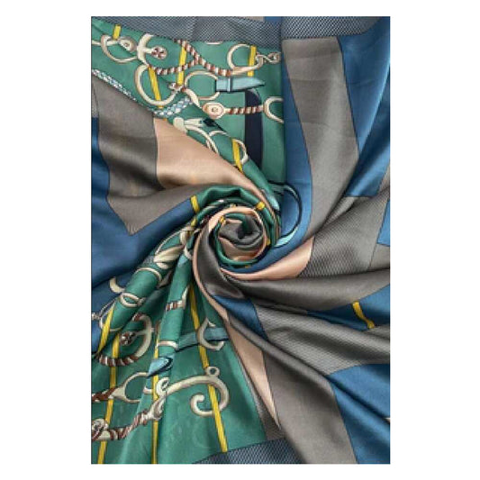 Cachecol Estampa de bloco de corrente e fivela da moda azul 100% Seda, 90x180 cm