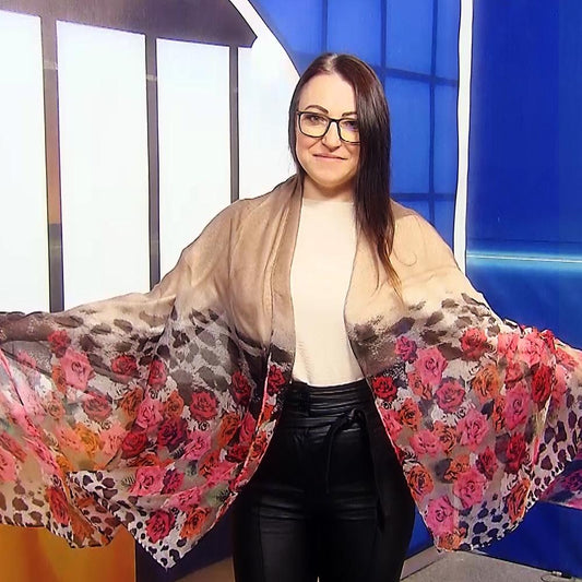 Xaile com Padrão Floral Rosa e Leopardo Castanho, 90 cm x 180 cm