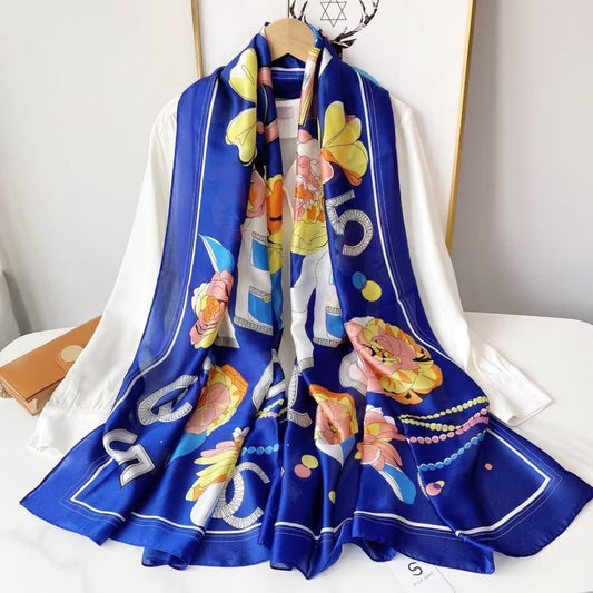 Lenço de seda, 90 cm x 180 cm, Guarda-roupa de senhora, Azul safira, 100% seda
