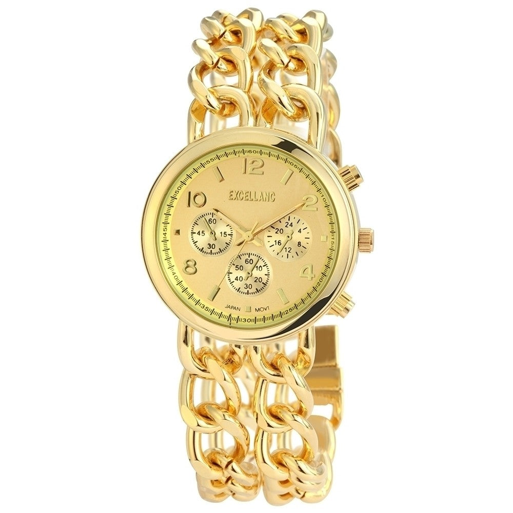 Relógio Femenino Excellanc com bracelete metálica, cor dourada, movimento de quartzo de alta qualidade, cor do mostrador amarelo