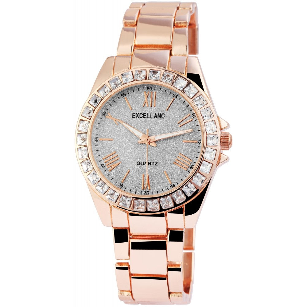 Relógio feminino Excellanc com bracelete metálica EX0492, cor dourada rosa, cor cinzenta do mostrador