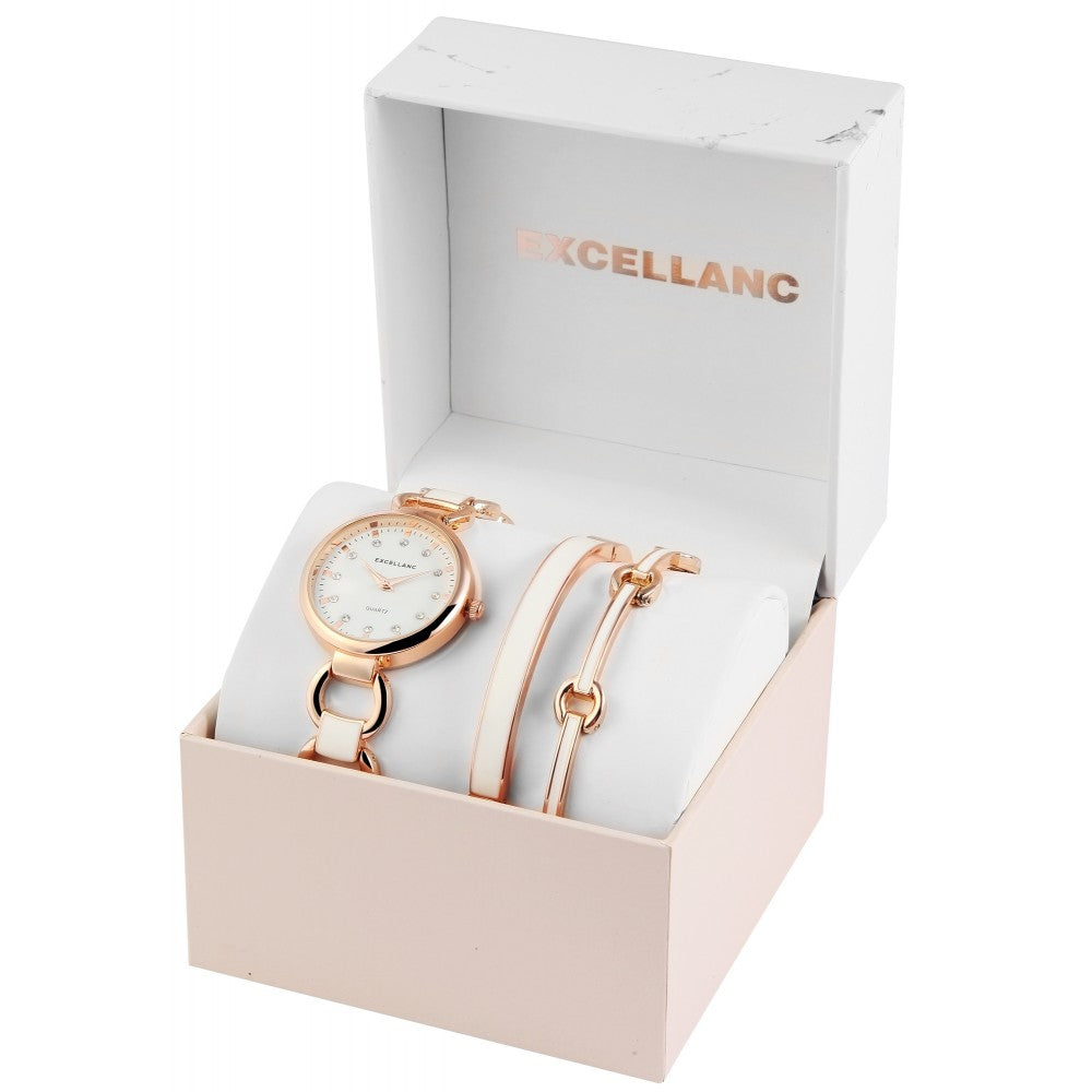 Relógio feminino Excellanc com 2 braceletes EX0429, cor ouro rosa, movimento de quartzo de alta qualidade, cor do mostrador branco