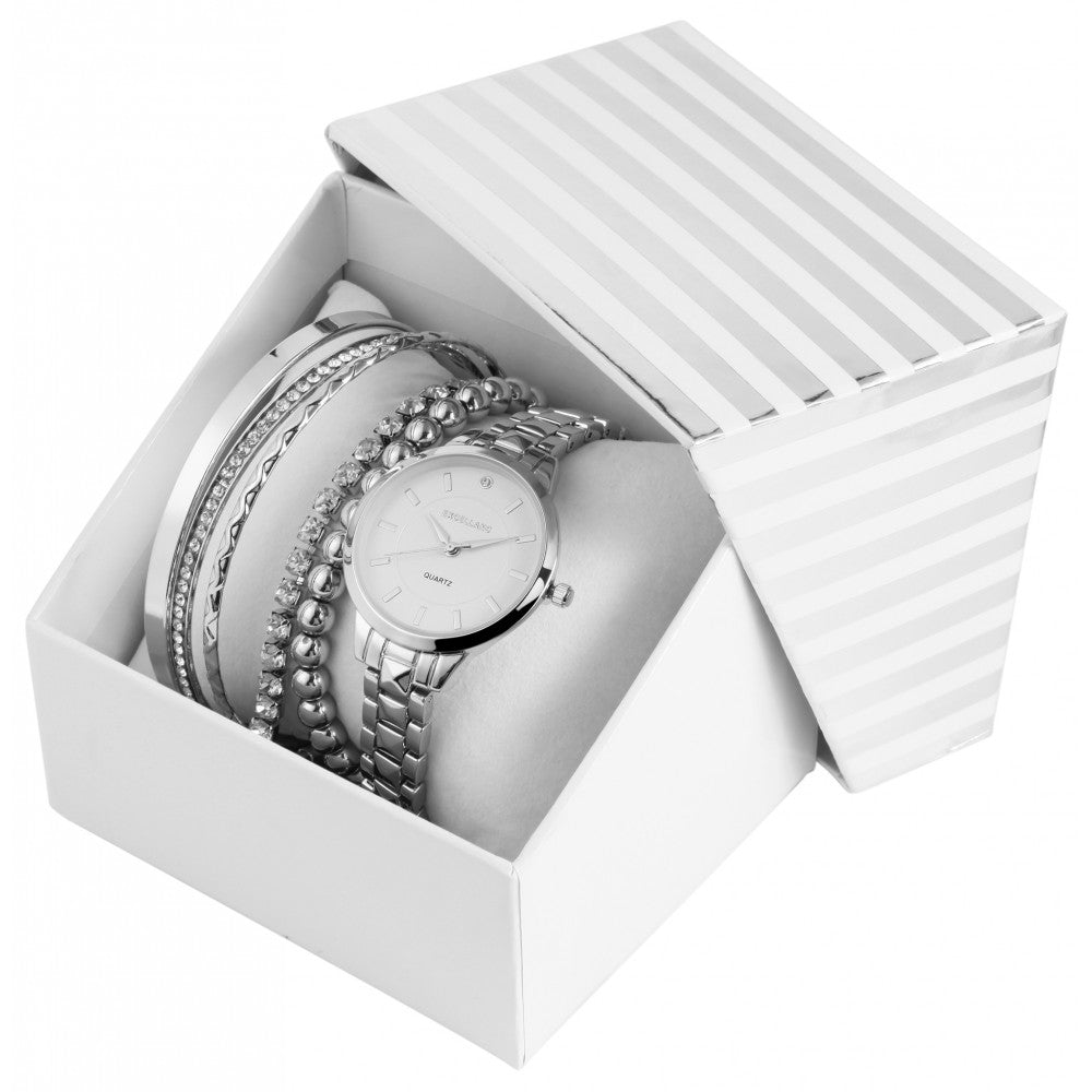 Conjunto  oferta de relógios Excellanc: Relógio feminino + 2 braceletes, tom prata EX0423, cor prata, movimento de quartzo de alta qualidade, cor prata do mostrador