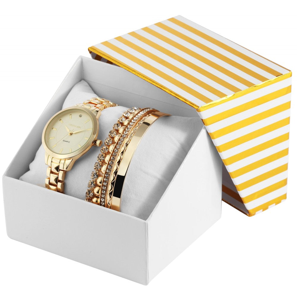Conjunto  oferta de elógios Excellanc: Relógio feminino + 2 braceletes, tom dourado EX0423, cor dourada, movimento de quartzo de alta qualidade, cor do mostrador amarelo