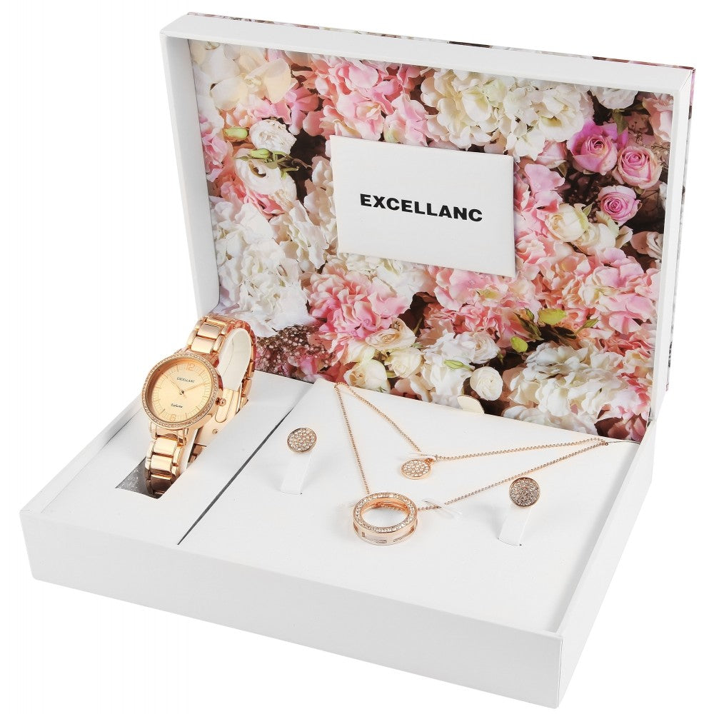 Conjunto  oferta de elógios Excellanc: Relógio feminino & colar + brincos, tom ouro rosa EX0427, cor ouro rosa, movimento de quartzo de alta qualidade, cor do mostrador em ouro rosa