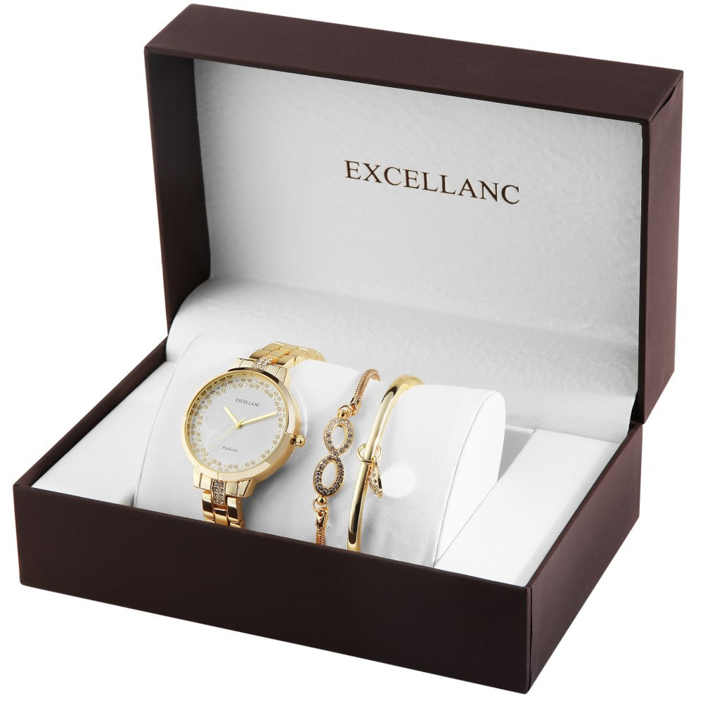Conjunto  oferta de elógios Excellanc: Relógio feminino +2 pulseiras, tom dourado, cor dourada, movimento de quartzo de alta qualidade, cor do mostrador branco