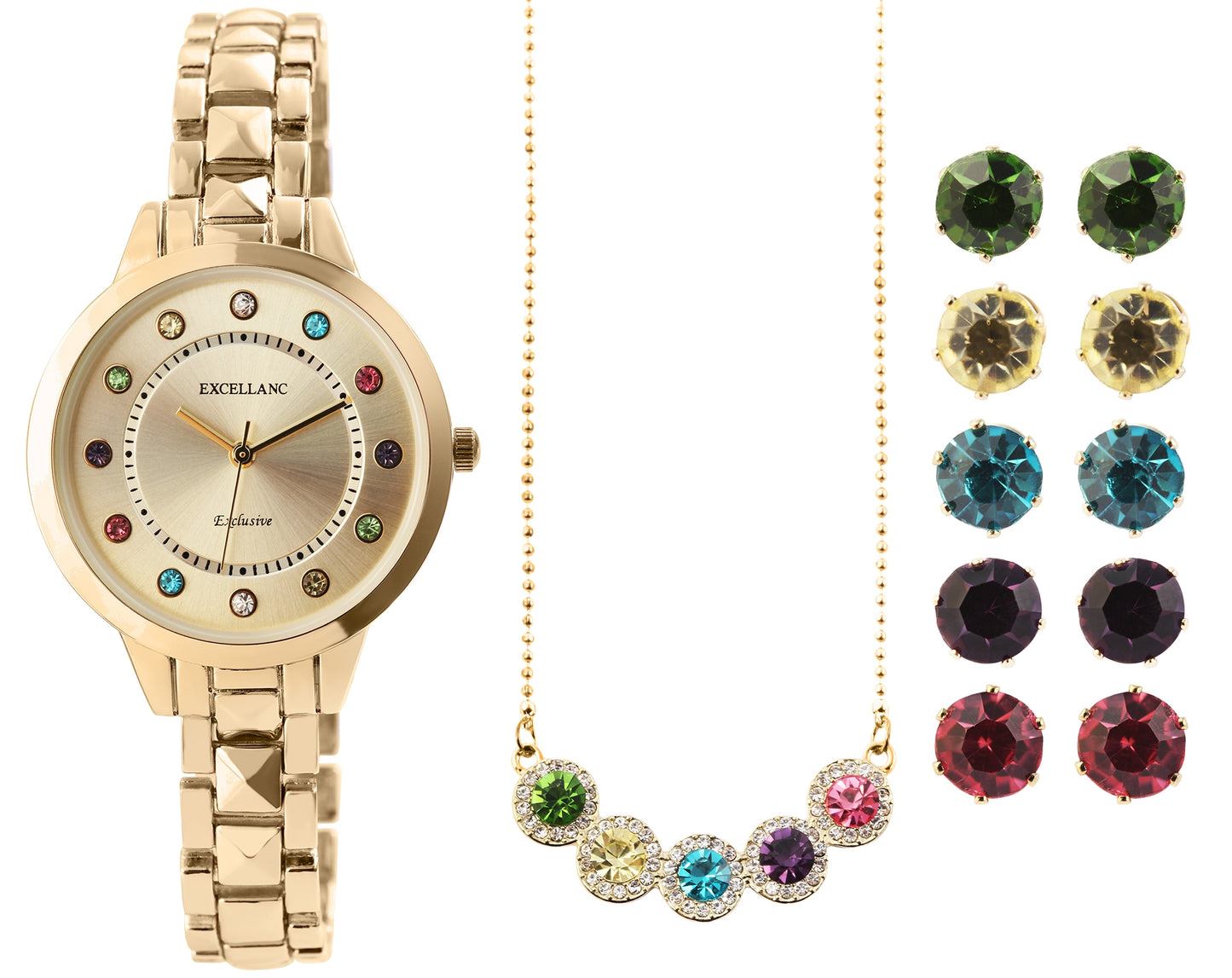 Conjunto de relógios de oferta da Excellanc para Mulheres com 5 pares de Brincos e 1 Colar com Cristais Multicolor Emporia, de tom de ouro