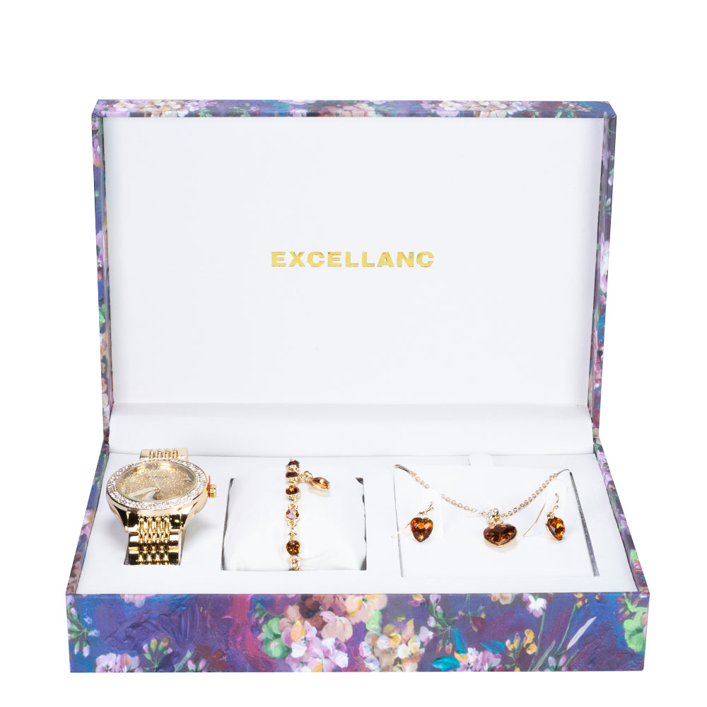 Conjunto de relógios de oferta da Excellanc para Mulheres com Pulseira e Colar com Cristais Emporia de cor dourada, tom de ouro